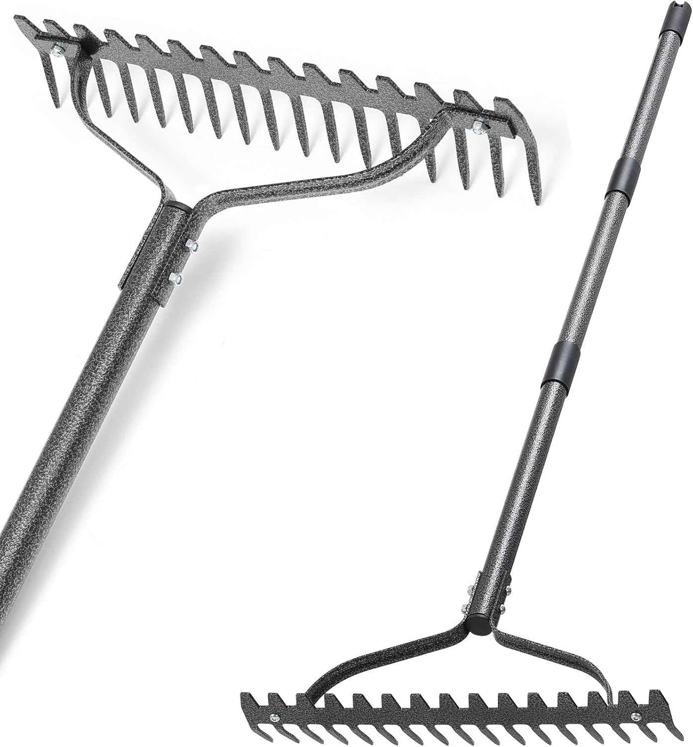 Bow Rake, Heavy Duty Metal Garden Rake for Looseing Soil, Leveling Lawn and Cleaning Leaves, 63" Long Handle Ergonomic Thatch Rake with 17 Tines for Yard,Farm,Lawn,Garden