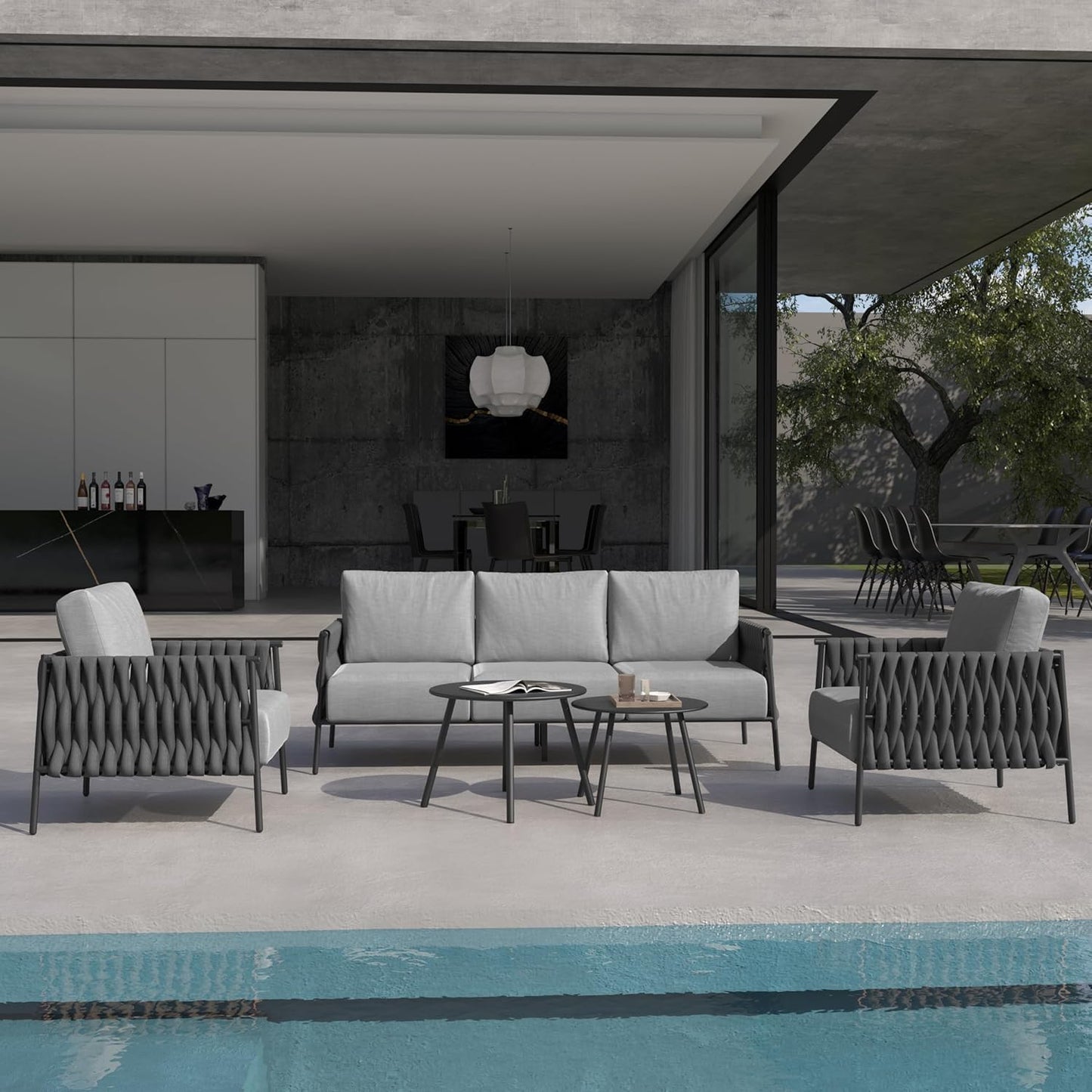 East Oak 5-Piece Patio Furniture Set | Life Chatter 5-Seat Outdoor Sectional Sofa Conversation Set, Deep Seating Couch with 2 Coffee Tables & Thick Cushions for Balcony & Backyard, Porch | Misty Grey
