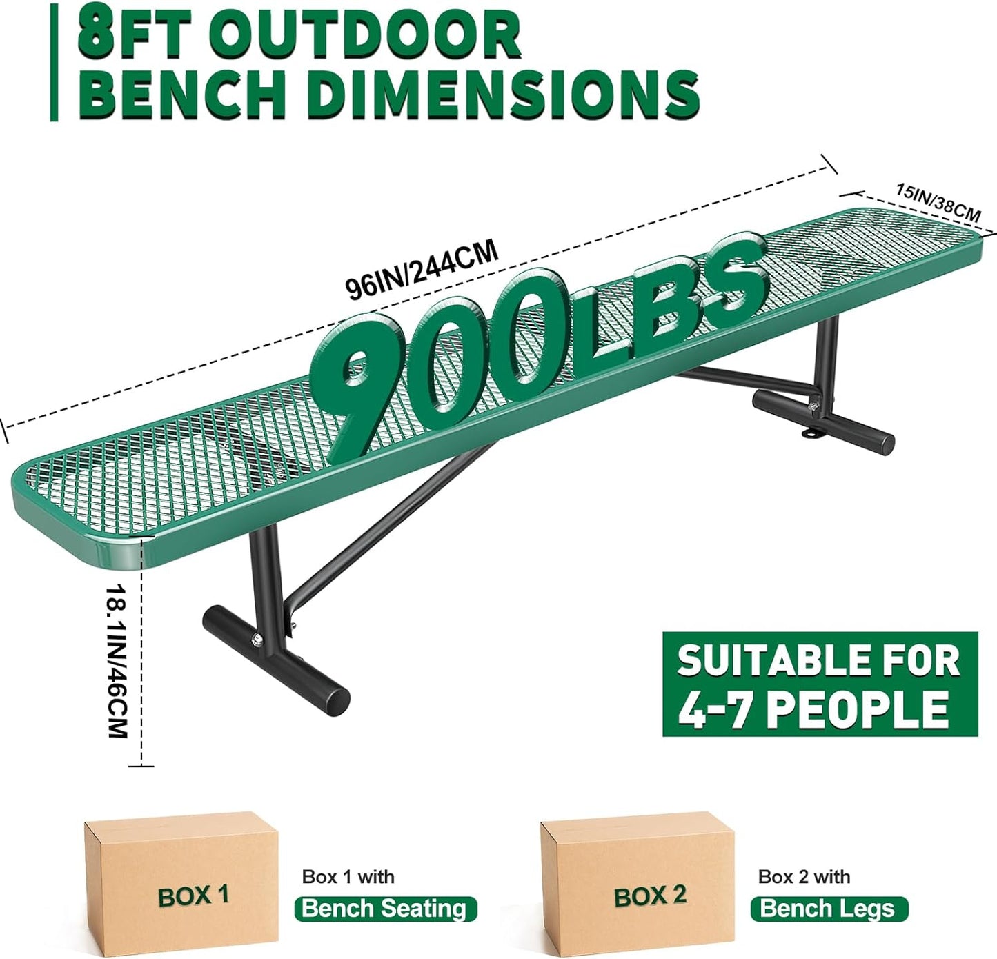 Heavy-Duty Park Bench or Table for Outside - Black Coated Outdoor Furniture Steel Bench, Commercial-Grade Outdoor Benches Weatherproof for Park, Patio, Porch (Green, 8FT (Without Backrest))