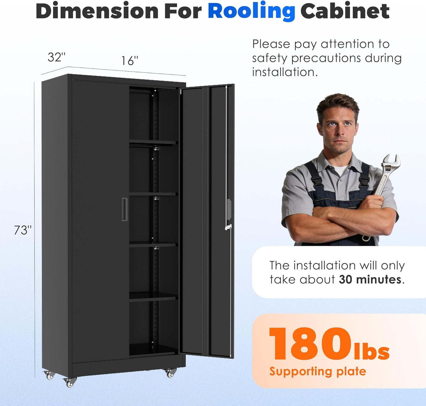 INTERGREAT Metal Storage Cabinet with Wheels, 73" Garage Storage Cabinets with Door and 4 Shelves, Tool Storage Locker on Caster for Home, Office, Black