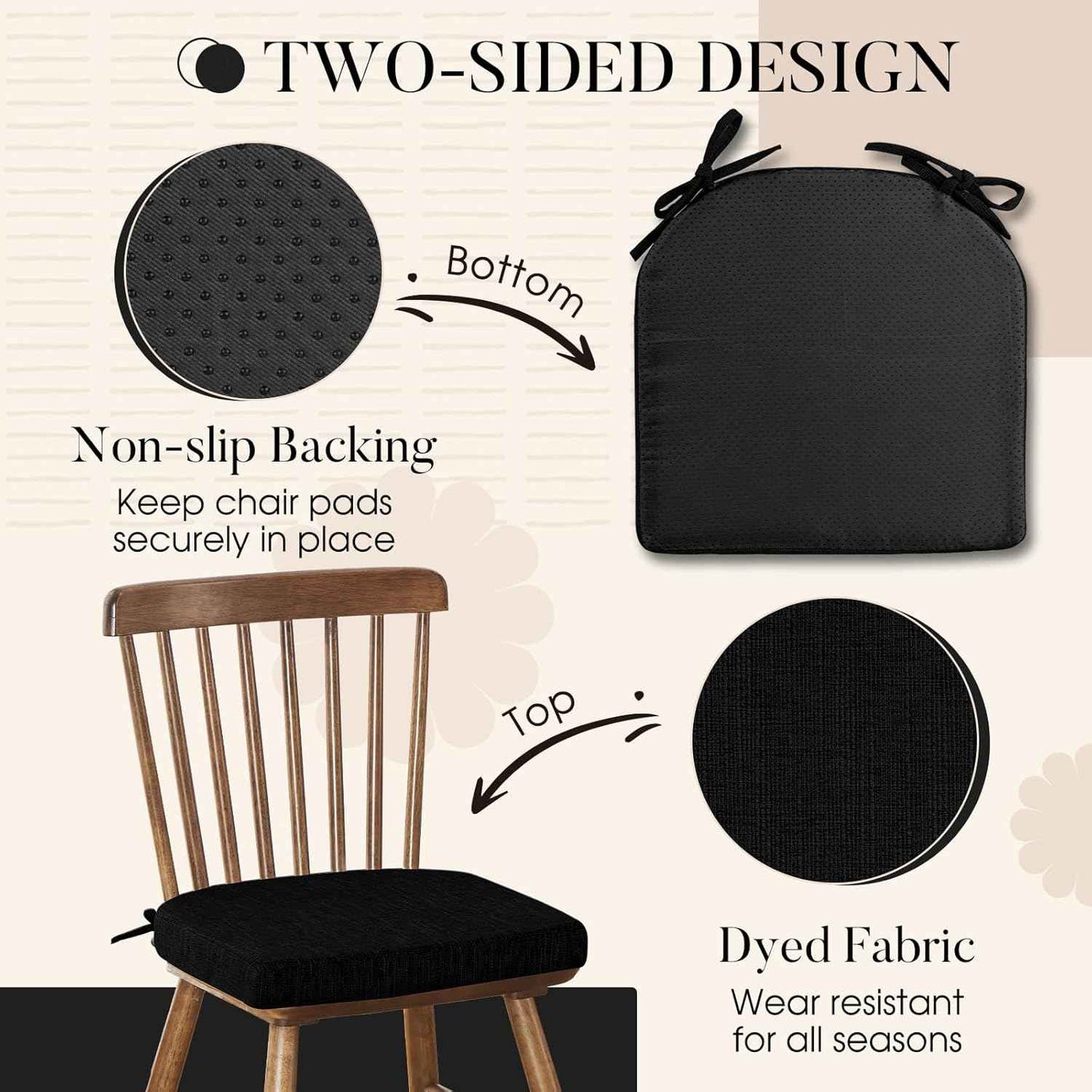 Basic Beyond Chair Cushions for Dining Chairs 6 Pack, Kitchen Chair Cushions with Ties and Non Slip Backing, 16 x 16 inches Chair Pads for Dining Chairs (Black)