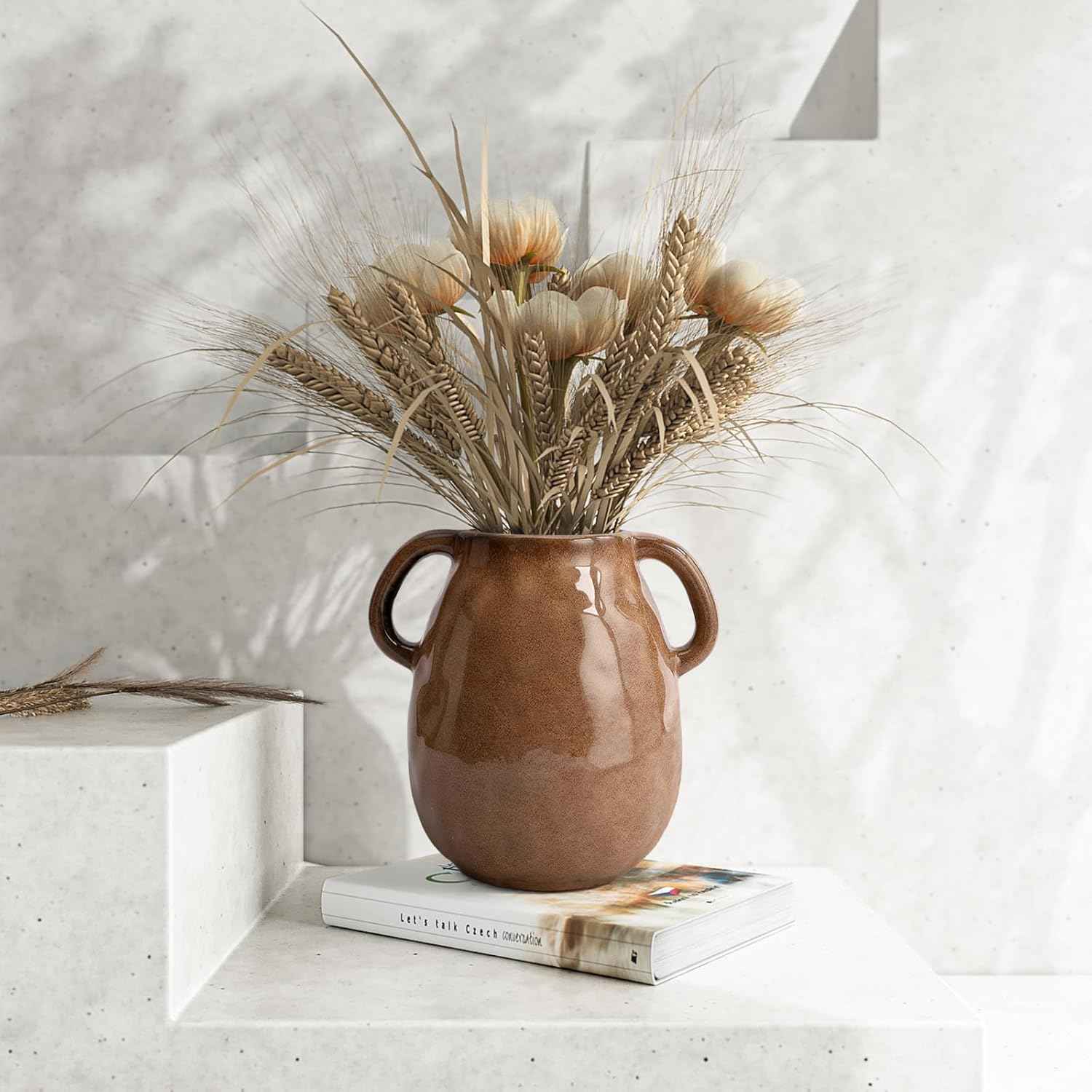Antique Brown Ceramic Vase with Handles, Rustic Farmhouse Decor, 7 Inch Glazed Pottery Flower Vases for Home Decor, Handmade Decorative Vase for Flowers, Bouquet, Table, Kitchen, Living Room