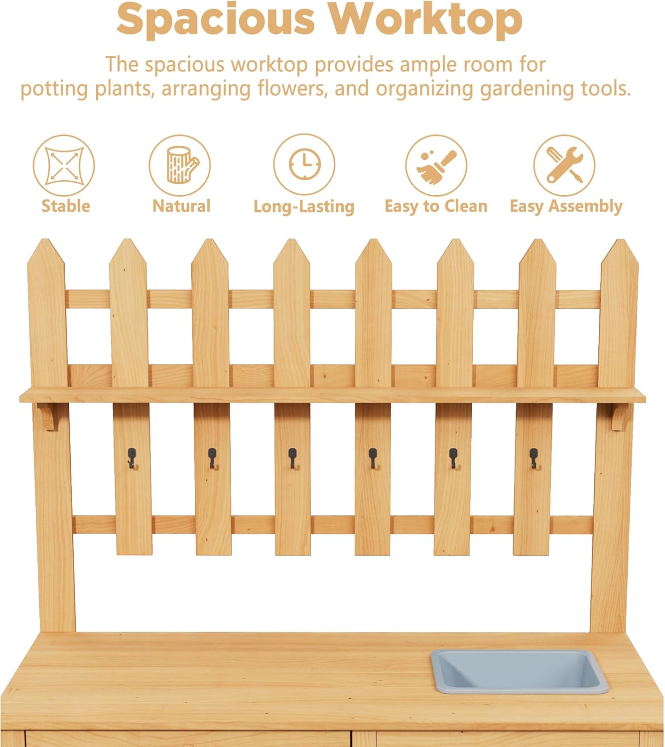 Outdoor Potting Bench, Wooden Potting Table with Built-in Sink, Drawer, Hooks & Storage Shelves – Large Gardening Bench for Outside Garden Workstation, Backyard Patio Balcony, Brown