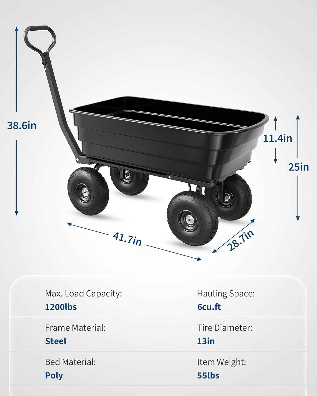 Poly Dump Cart - Heavy Duty 1200lbs Garden Cart with Quick-Release Dumping & No-Flat 10" Tires, Utility Wagon for Yard Work, Landscaping, Gardening