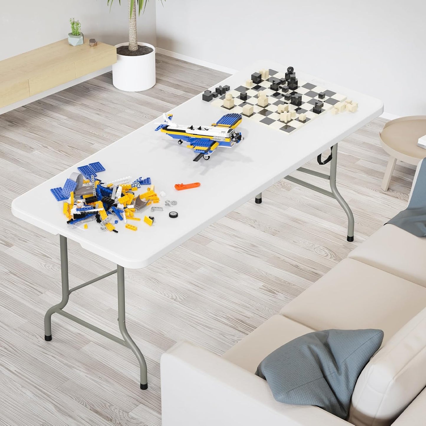 VINGLI 6 Foot Plastic Folding Table Portable Long Table for Indoor Outdoor Use Rectangular with Carrying Handle, Smooth HDPE Tabletop, White