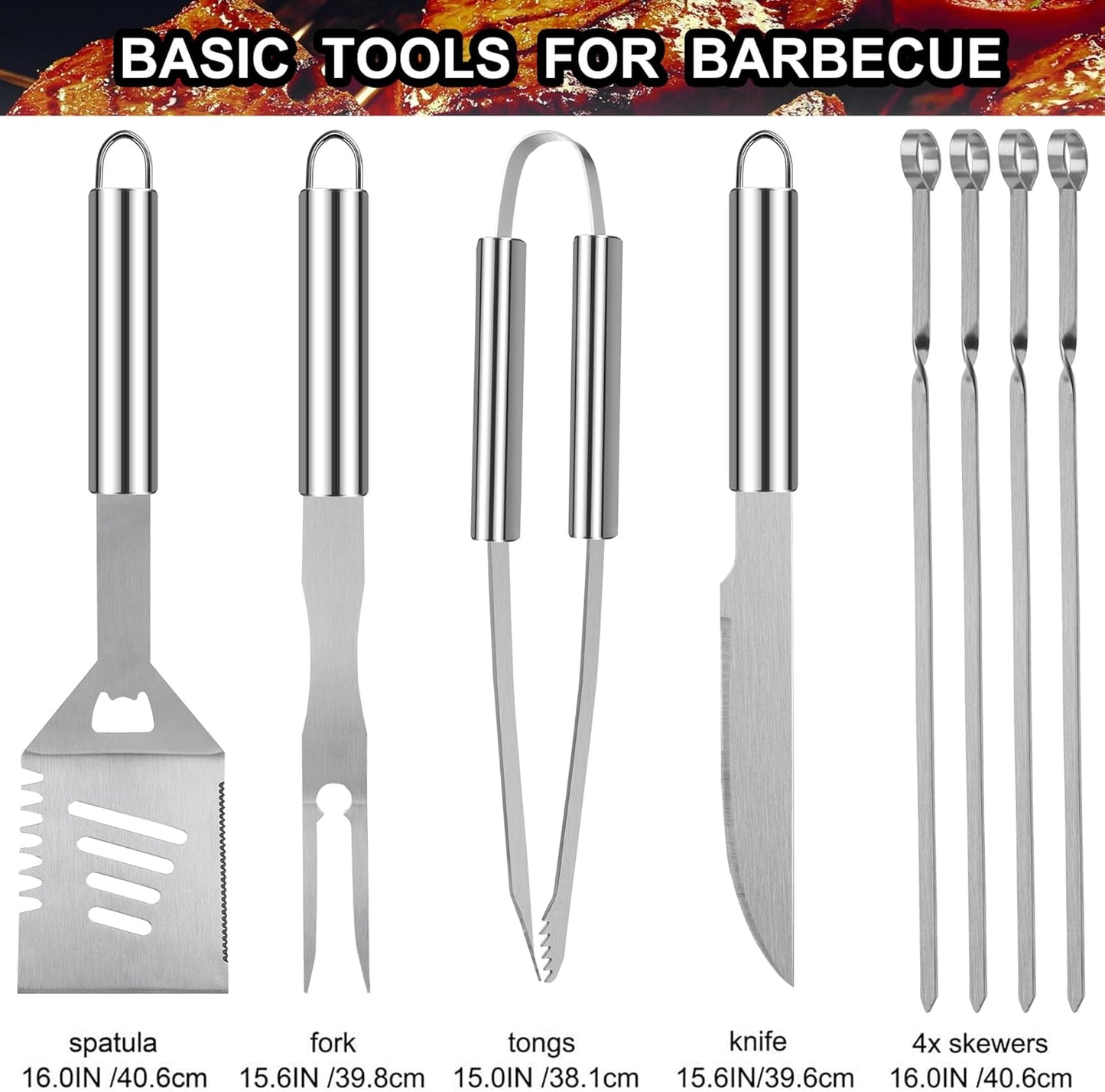 Grilljoy 24PCS BBQ Grill Tools Set with Meat Thermometer and Injector - Extra Thick Stainless Steel Fork, Spatula& Tongs - Complete BBQ Accessories in Aluminum Case - Perfect Grill Gifts for Men