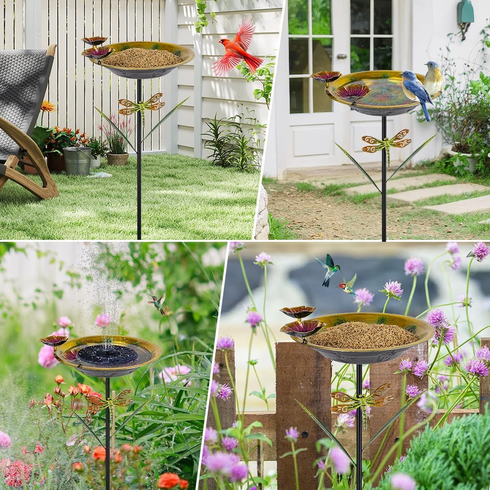 DREAMSOUL 39" Tall Bird Bath with Dragonfly Stake, Metal Birdbath with Flower Feeders, Freestanding Bird Bath for Outside Garden Yard Patio