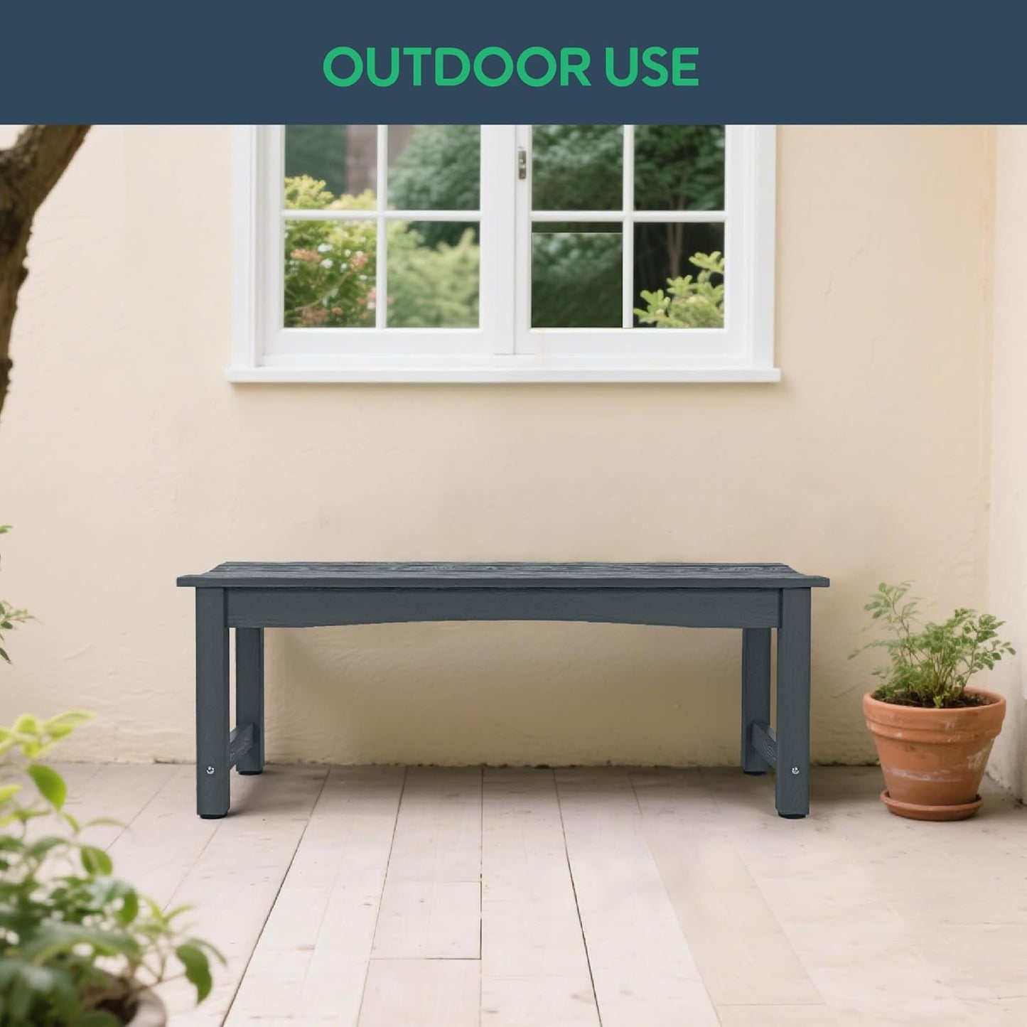 Weatherproof HIPS Outdoor Bench, 2-Person Patio Dining Bench, All-Weather Poly Lumber Garden Bench, Never Rot or Fade, Park Bench with Wood Grains for Porch, Garden, Deck, Entryway, Grey