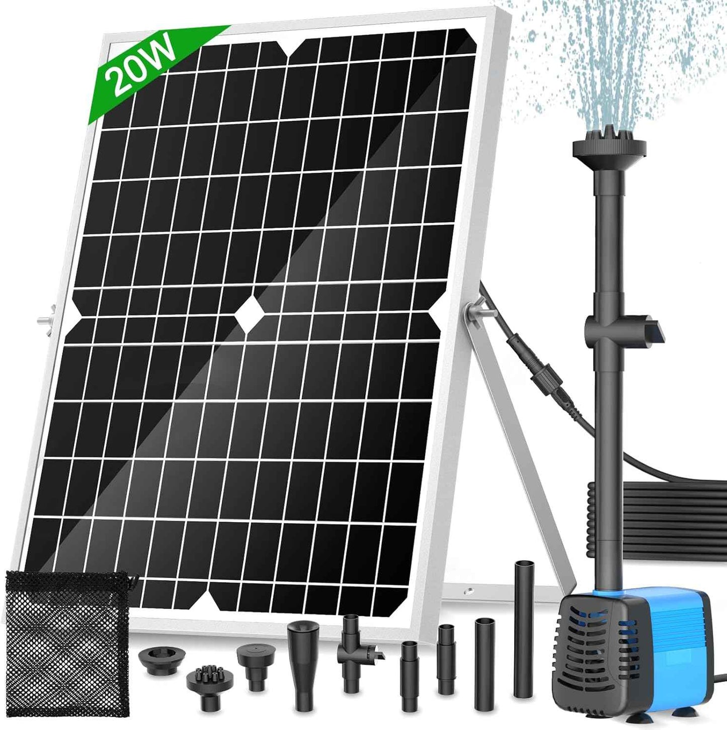Solar Pond Pump, 20W Solar Fountain Pump with 350GPH Flow & 4 Spray Styles, 16.5Ft Extendable Power Cord, Debris Barrier Bag for Outdoor Fountain, Ponds, Fish Tank, Waterfall, Garden Water Features