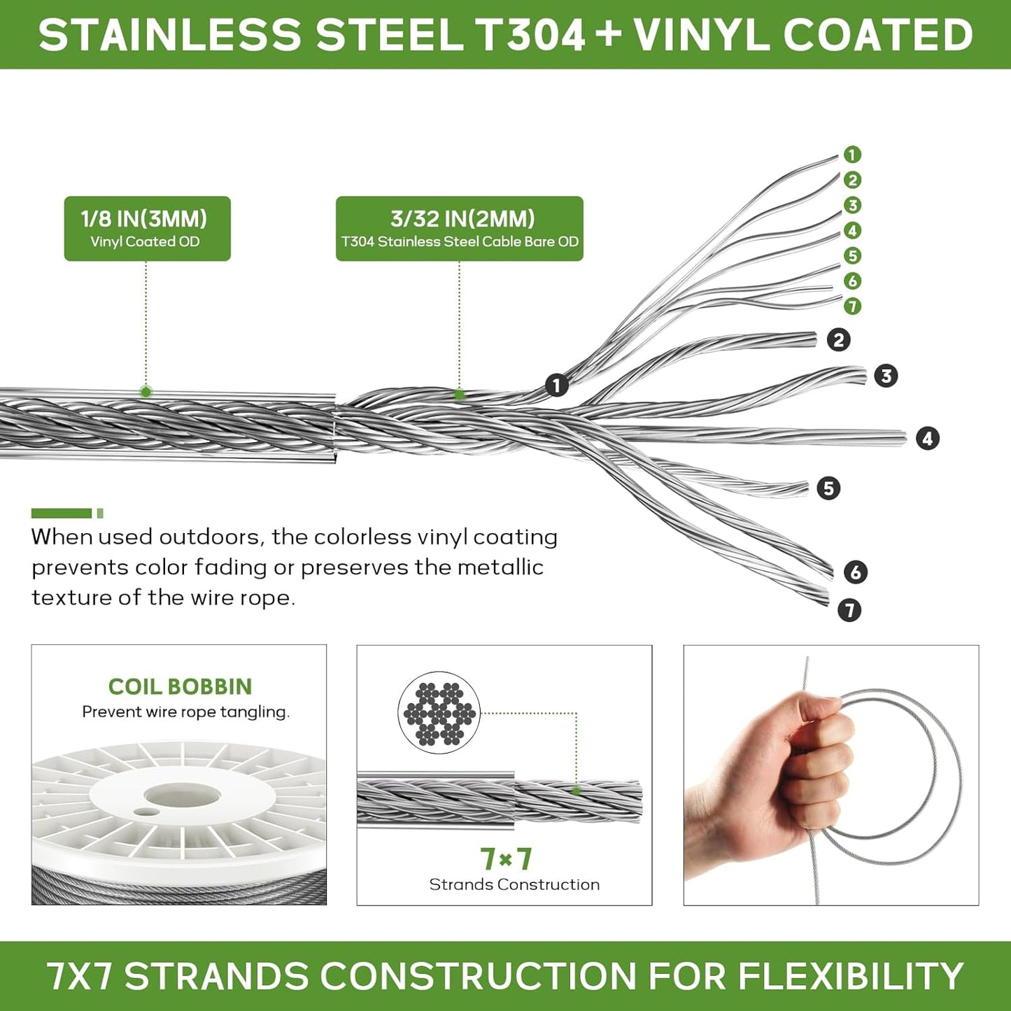 1/8" Wire Rope Kit, 100FT Steel Wire Cable, Vinyl Coated Stainless Steel Cable with Turnbuckles for Outdoor, Garden, Kitchen and Craft Projects