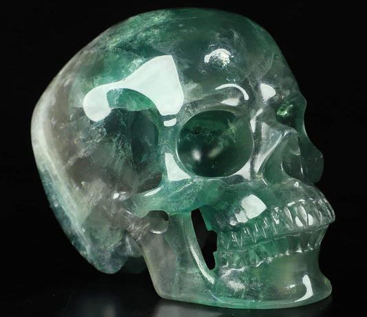 Skullis 5.0" Fluorite Super Realistic Crystal Skull, Hand Carved Gemstone Fine Art Sculpture, Reiki Healing Stone Statue.2212 Z8
