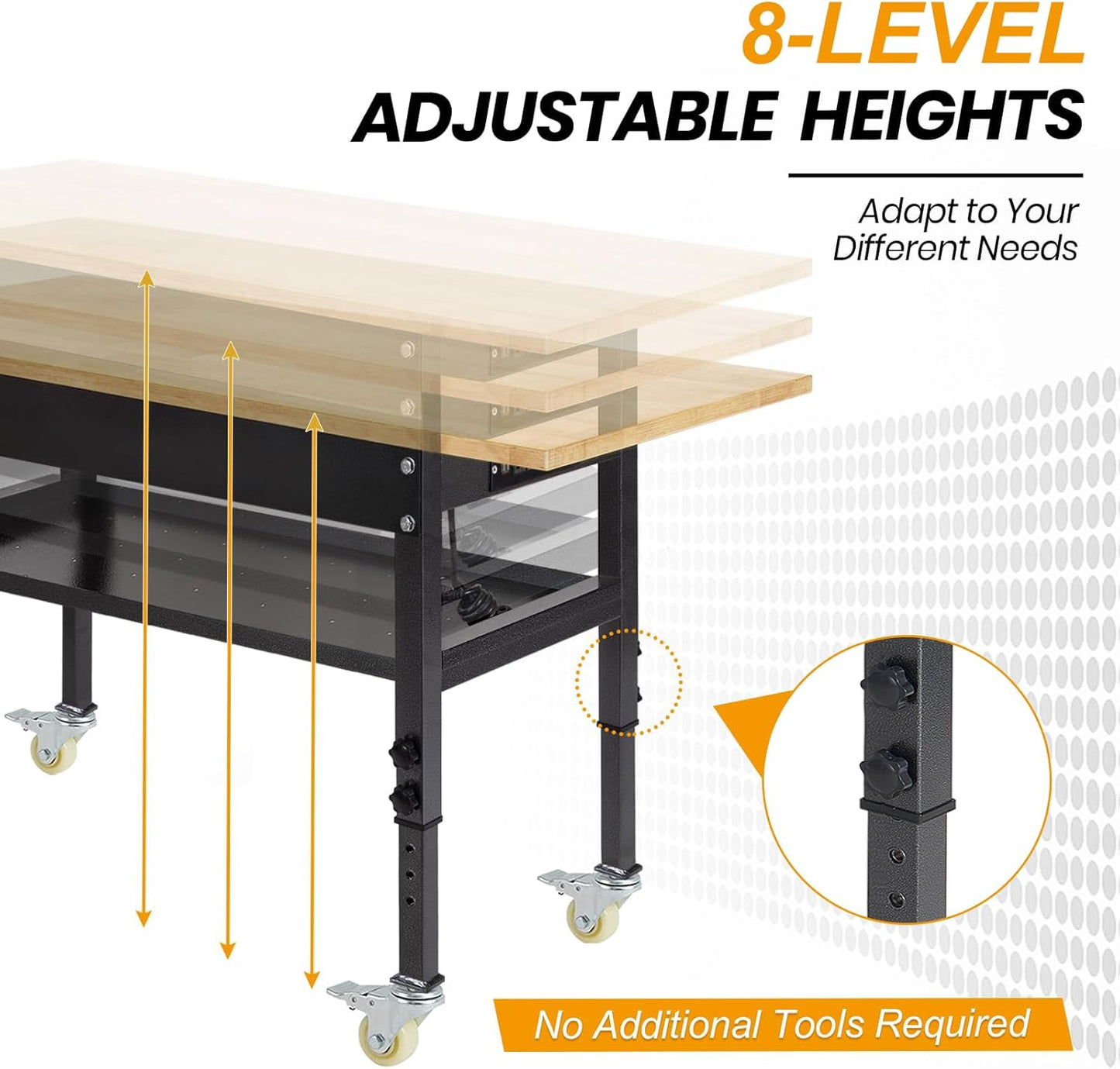 48"/60'' Adjustable Workbench, Rubber Wood Top Work Bench Heavy-Duty Work Table with Power Outlet, Wheels, Partition 2000 LBS Load Capacity Hardwood Work Benches for Garage, Workshop, Home, Office