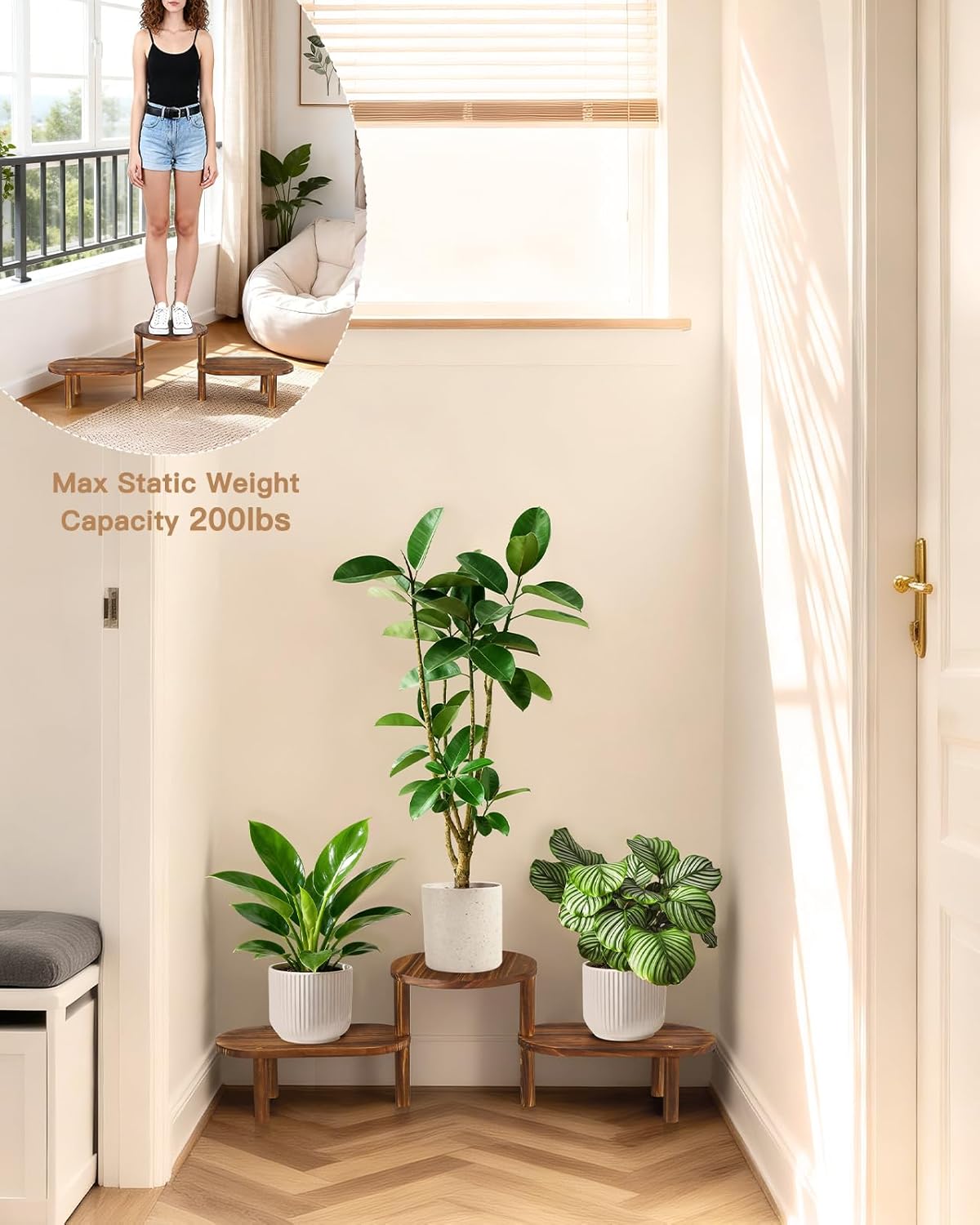 3 Tier Corner Plant Stand Indoor - Adjustable Wood Convex Flower Stand for Small Spaces, Heavy Duty Long Plant Shelf for Living Room Balcony Hallway