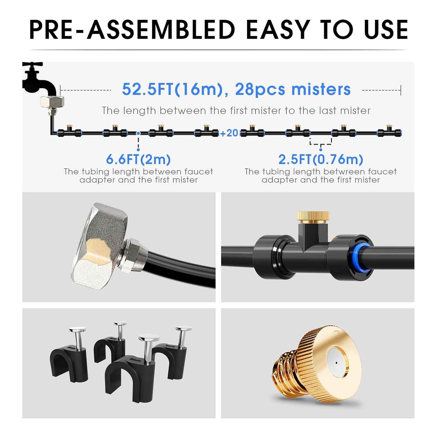 Misting Cooling System 59FT (18M) Misting Line + 26 Brass Mist Nozzles + 28 Brass Adapter(3/4") Outdoor Mister for Patio Garden Greenhouse Trampoline for Waterpark