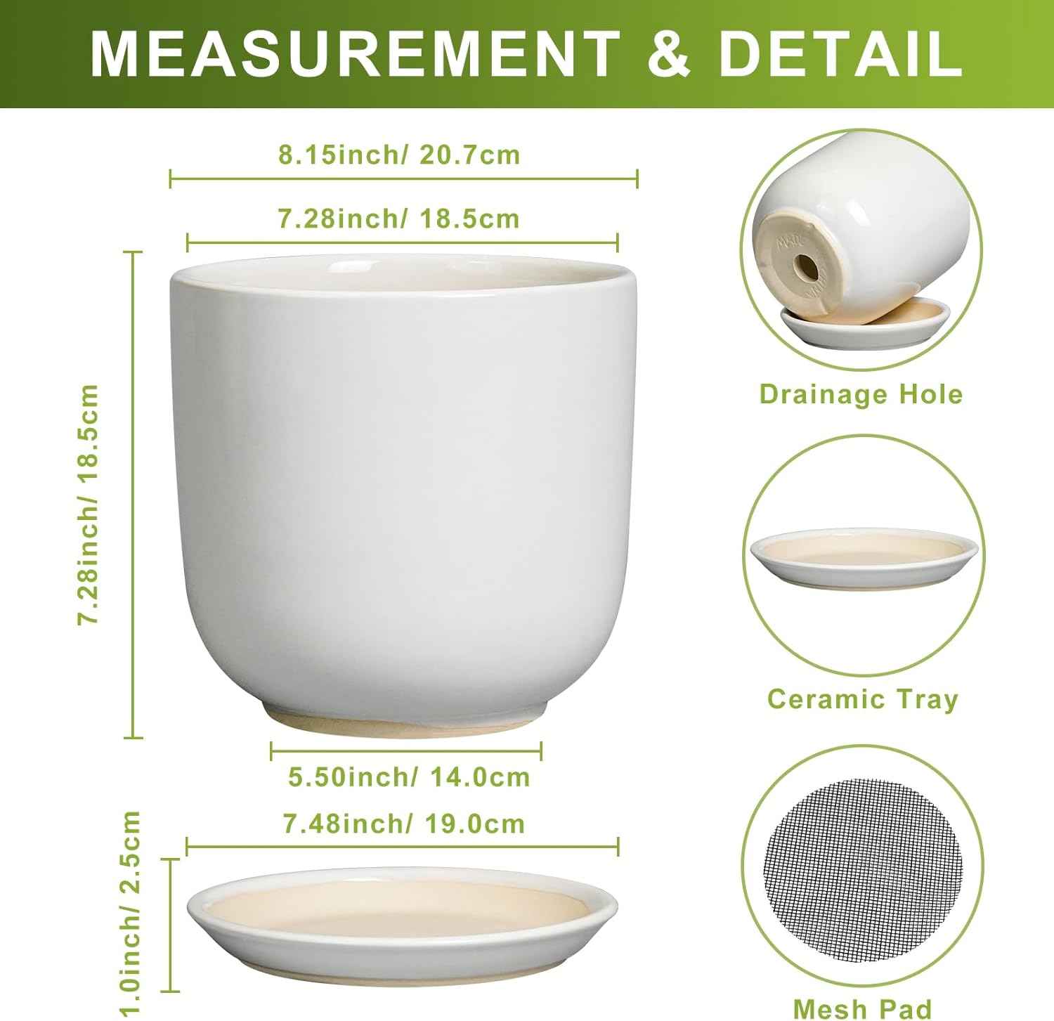 Ceramic Plant Pot - Modern 8 Inch Round Planter for Indoor Outdoor Plants with Drainage Hole and Saucer, Home House Room Office Decor, White