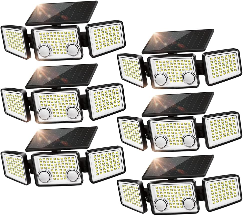 UME Solar Outdoor Lights 3000 Lumen 7000K, 152 LED Super Bright Motion Sensor Outdoor Lights with 2 Sensors, IP65 Waterproof 270 Wide Angle Solar Flood Lights with 3 Modes for Garden - 6 Pack