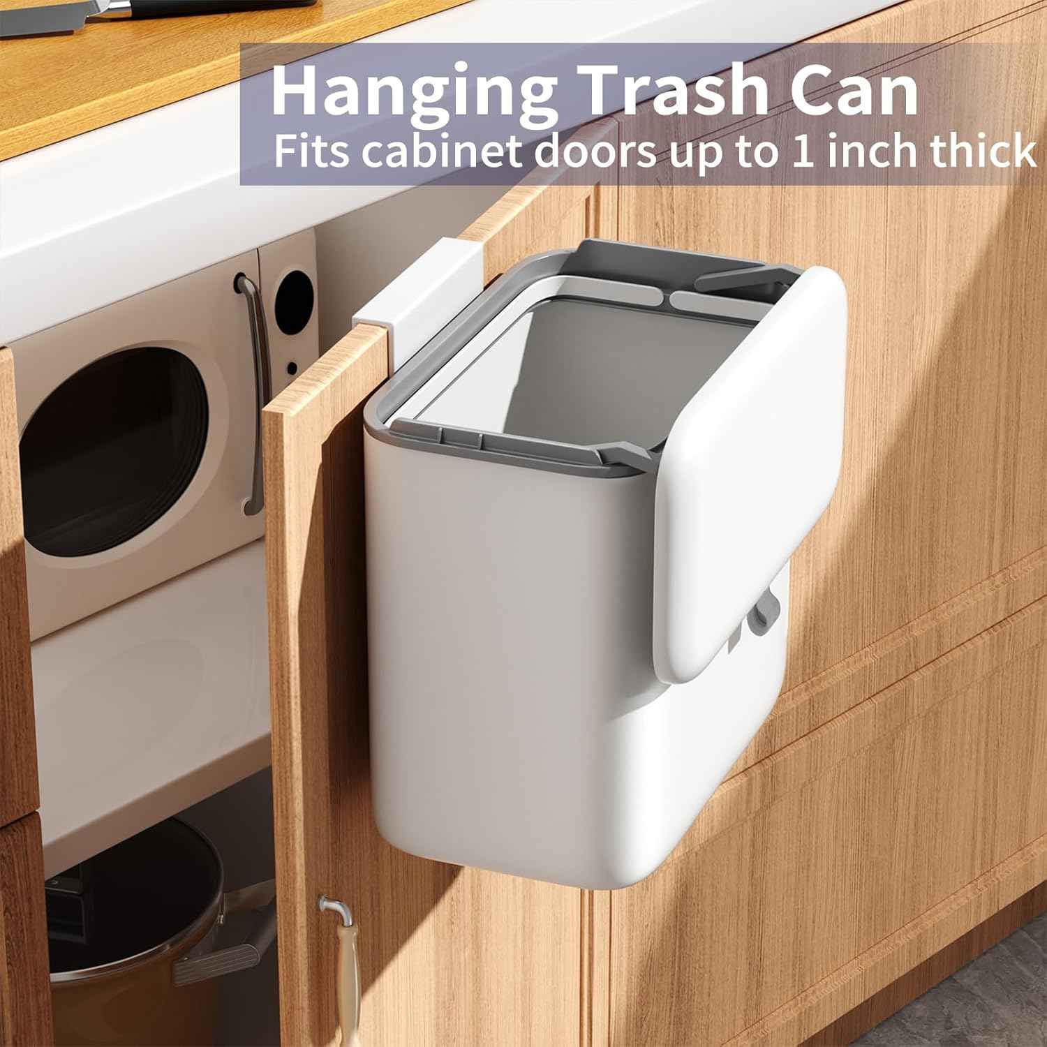 Compost Bin Kitchen for Countertop or Under Sink, 2.6 Gallon Hanging Small Trash Can with Lid, Garbage Can for Cabinet Door, Indoor/outdoor Food Waste Bin for Kitchen, Bathroom, RV, Office, White