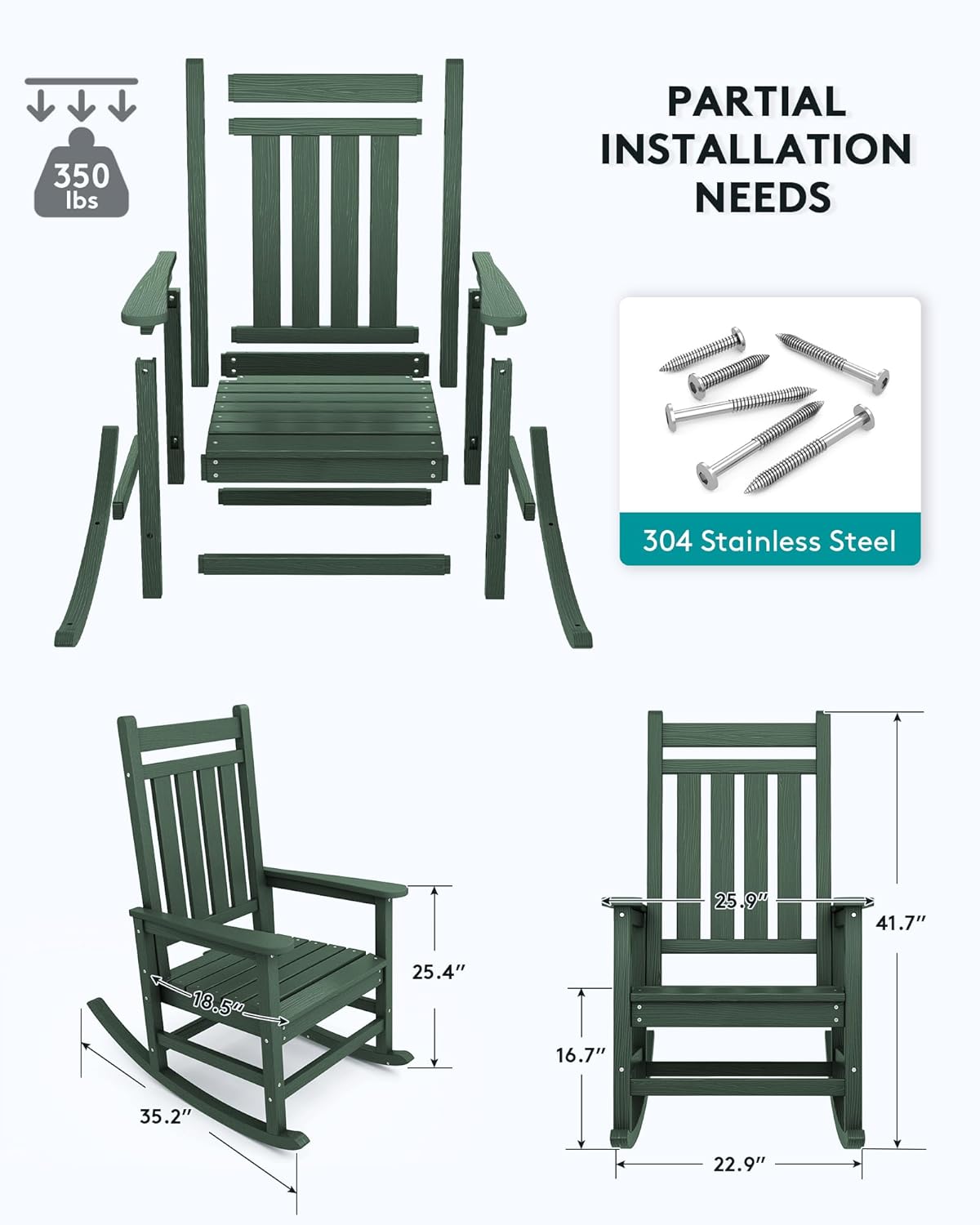 SERWALL HDPE Rocking Chair, Outdoor Rocking Chair for Adults, All Weather Porch Rocker for Lawn Garden, Green