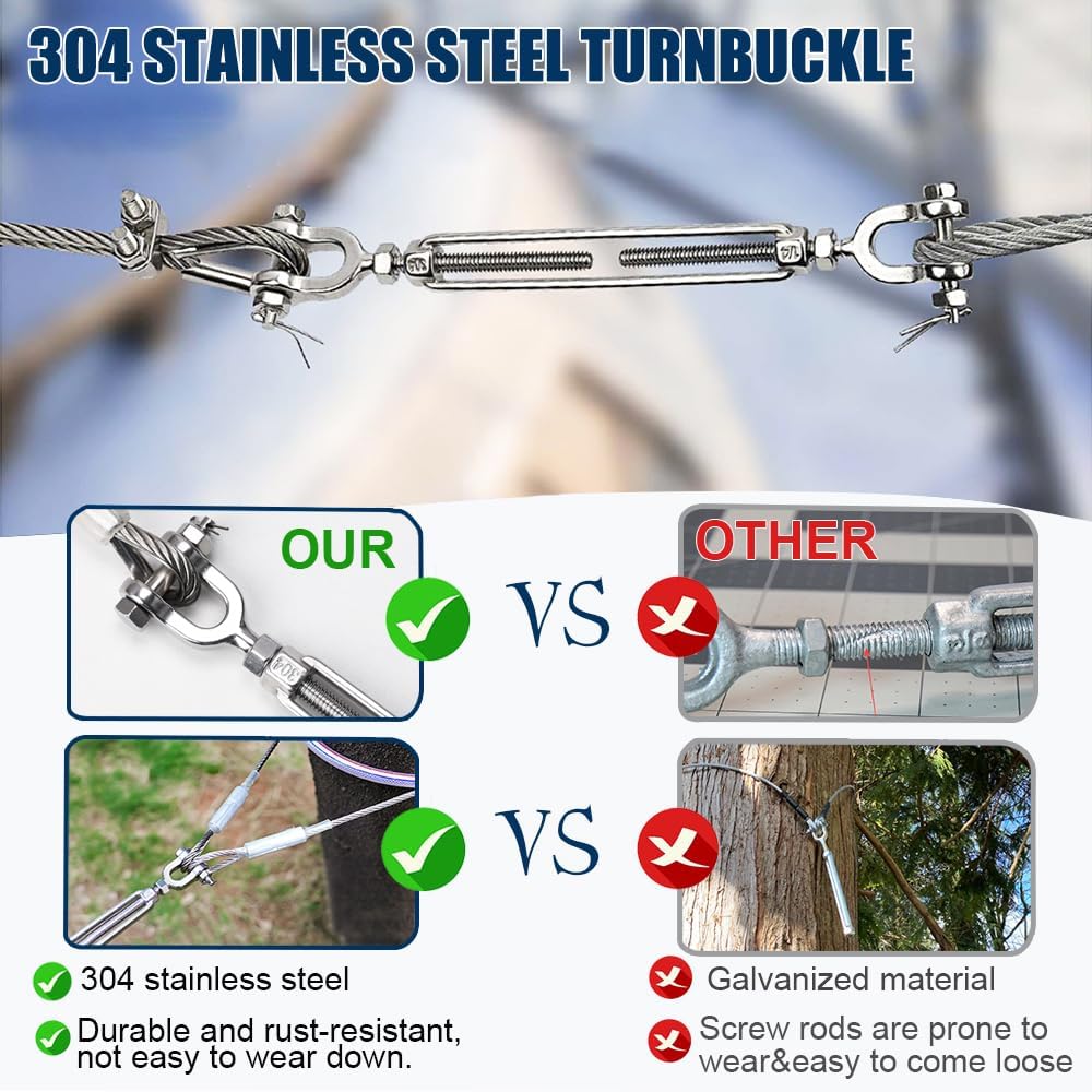 1/4" Wire Rope Kit, 50ft Stainless Steel Cable with 4Pcs 1/4 Turnbuckle, Clamp & Thimble, 7x19 Strands Heavy Duty Metal Cable,1400 lbs Load Limit, Turnbuckles for Cables Wire, Zipline