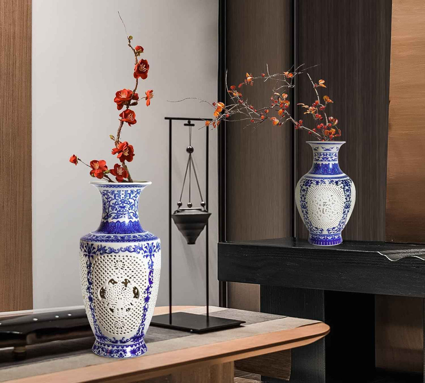 Blue and White Ceramic Vase, Chinoiserie Blue Porcelain Vase, Vintage Ceramic Flower Holder for Living Room Bookshelf Table Office Home Decoration (1-GY 11")
