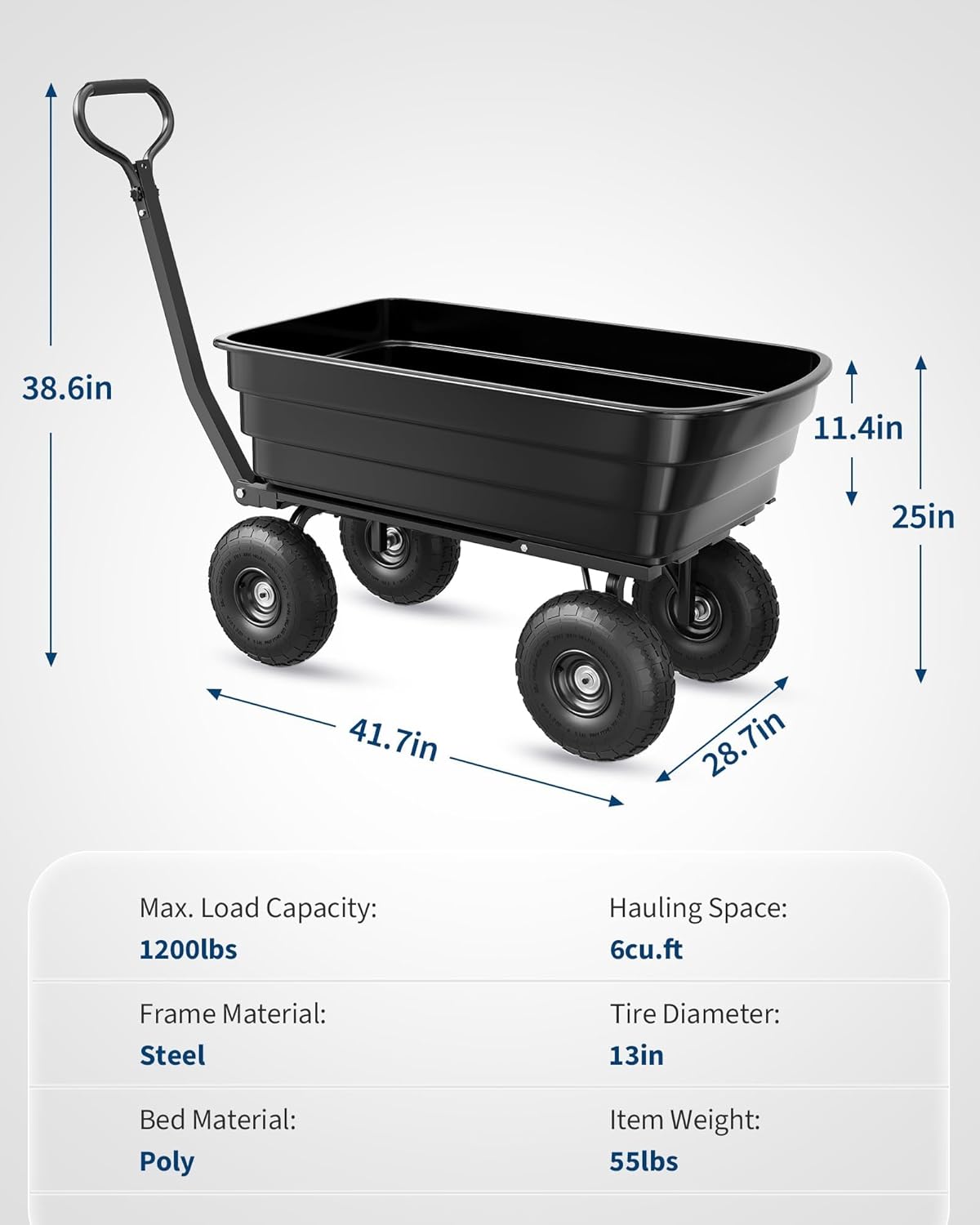 Poly Dump Cart - Heavy Duty 1200lbs Capacity Garden Utility Wagon with Quick Release Dumping & 13" No Flat Tires for Yard Work, Landscaping, Gardening