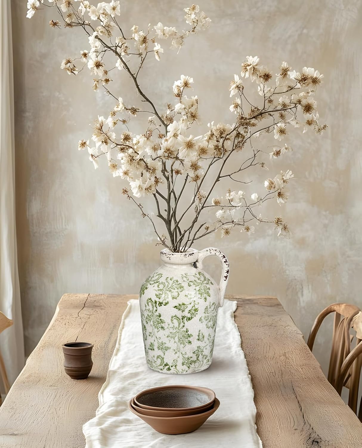 Ceramic Rustic Farmhouse Vase, 9 inch Ceramic Green and White Vase for Centerpieces Pampas Grass Pottery Jug with Handle Boho Chinoiserie Decor Vintage Vases for Living Room Kitchen Dinner Table Shelf