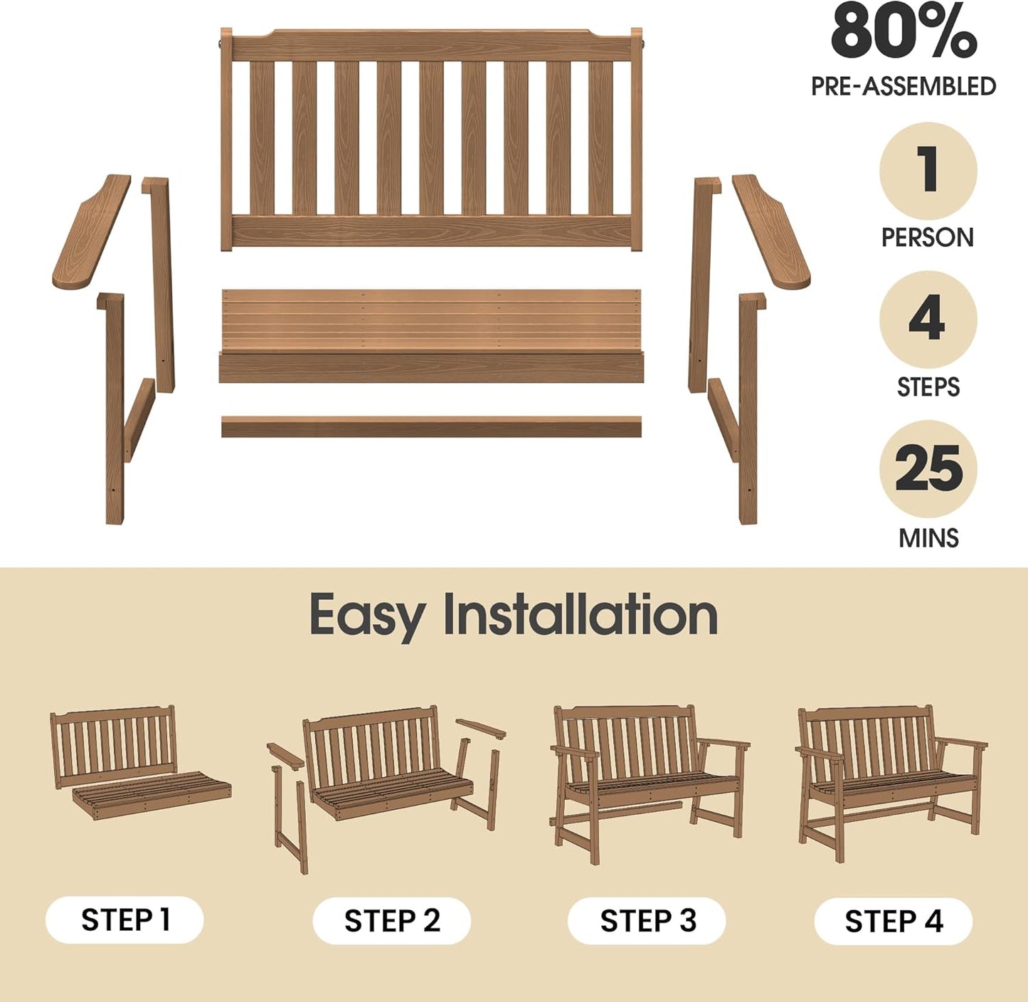 Ciokea 46" Heavy Duty Outdoor Bench, HDPE Weatherproof Garden Benches, Durable 2-Person Benches with 660 Lbs, Waterproof Patio Porch Bench for Outside Balcony Deck Backyard, Teak