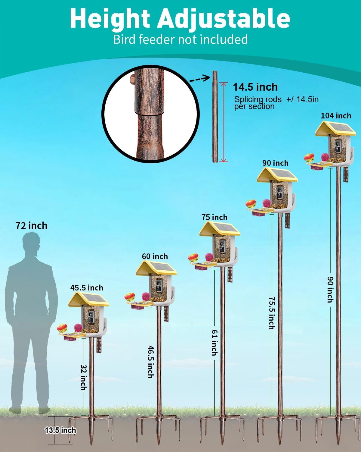 Bird Feeder Pole – 104 Inch Height Bird House Pole with 1-Inch Dia Heavy Duty for Birdfeeders, Feeding Stand with Mount Kit for Outdoor, Slip-Fit Connection, Copper Brushed