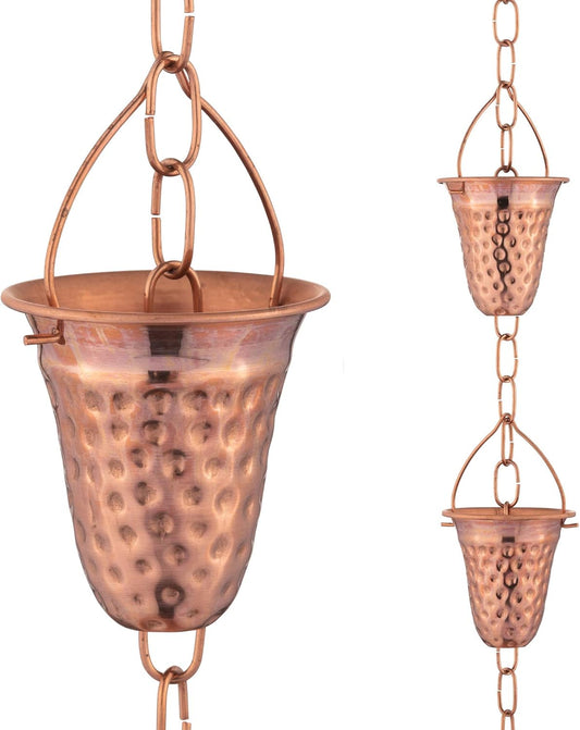 Copper Hammered Rain Chain – Decorative Chimes & Cups Replace Gutter Downspout & Divert Water Away from Home for Stunning Fountain Display – 6.5’ Long for Universal Fit – Bell Style
