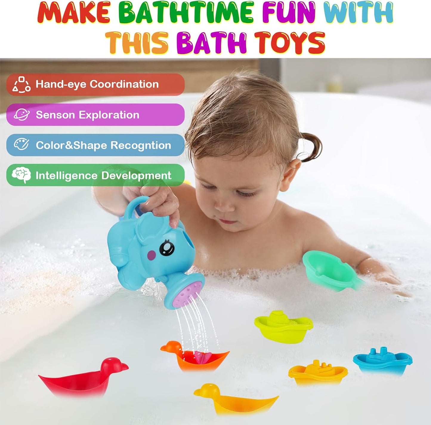 Baby Bath Toys for Kids,12 PCS Mold Free Bath Toys for Toddlers with Floating Boats,Watering Can,Floating Ducks & Bath Spoons, Bathtub Water Pool Toys for Babies and Toddlers