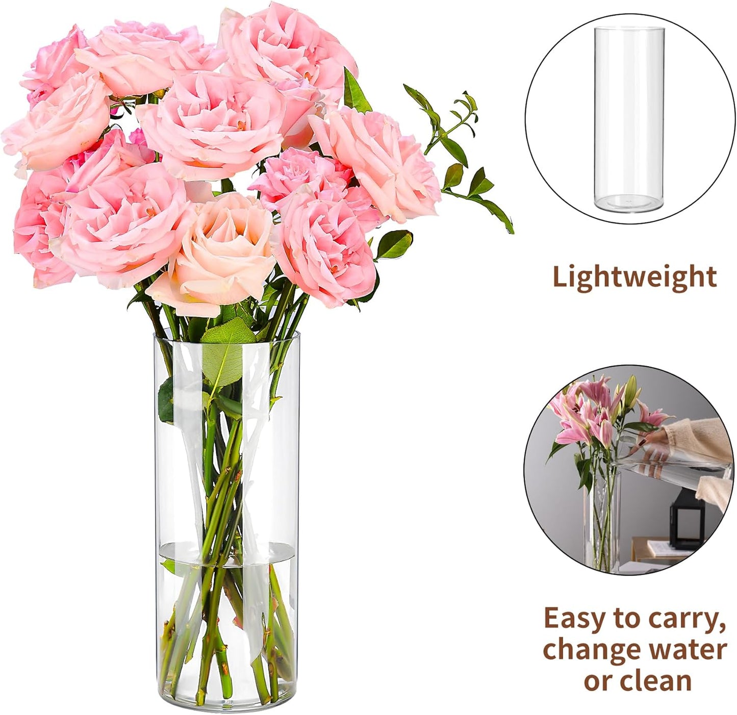 Clear Flower Vase, Non-breakable Vases, 6" W x 12" H, Acrylic Vase, Aesthetic Room Decor Cylindrical Modern Flower Vases for Table Centerpiece, Home Decor, Women Floral Arrangement Gift