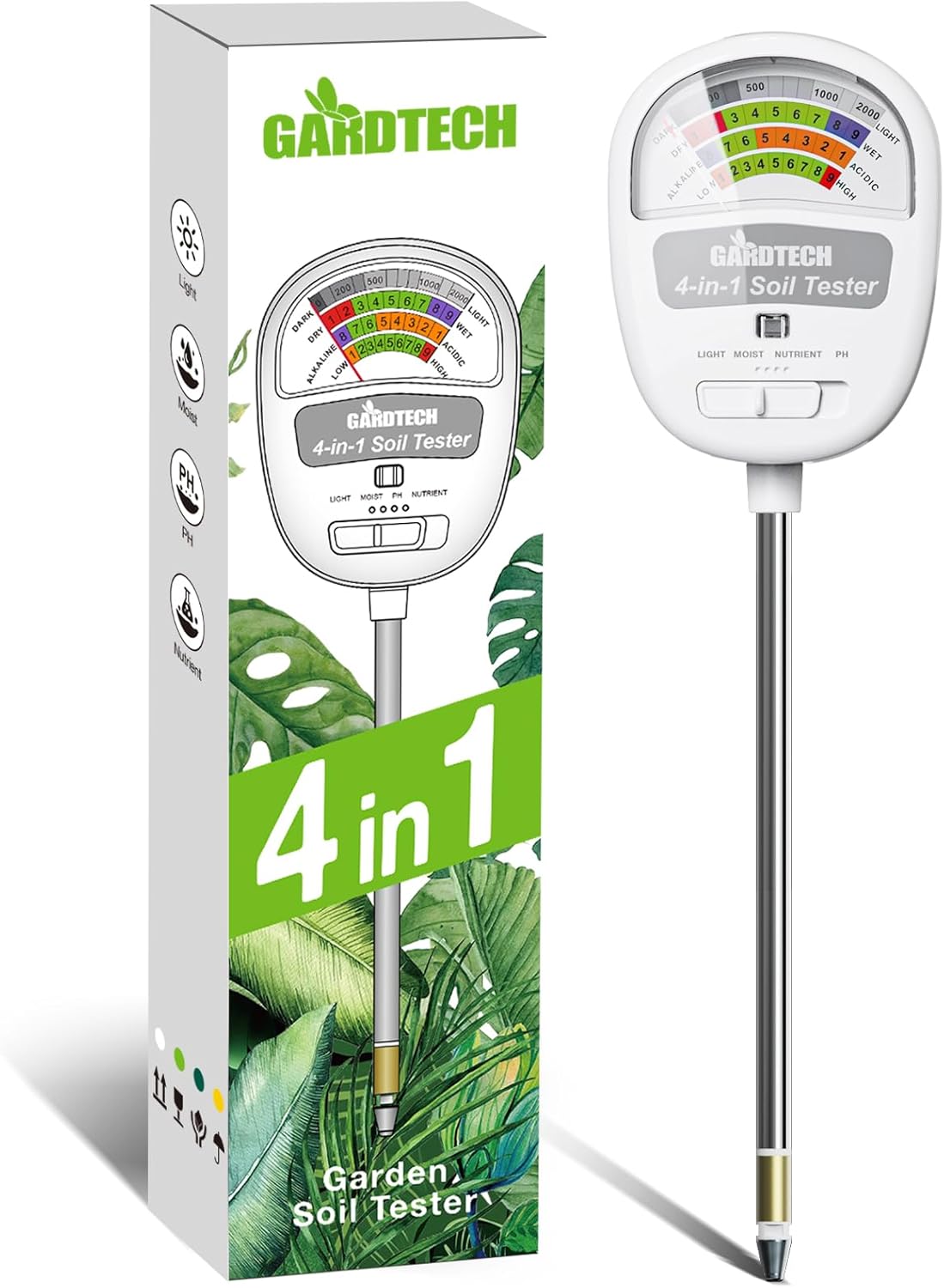 Gardtech Soil Moisture Meter - 4-in-1 Soil Test Kit Without Battery, Soil Moisture/Light/Nutrients/pH Meter for Plant, Garden, Lawn, Indoor & Outdoor (White)