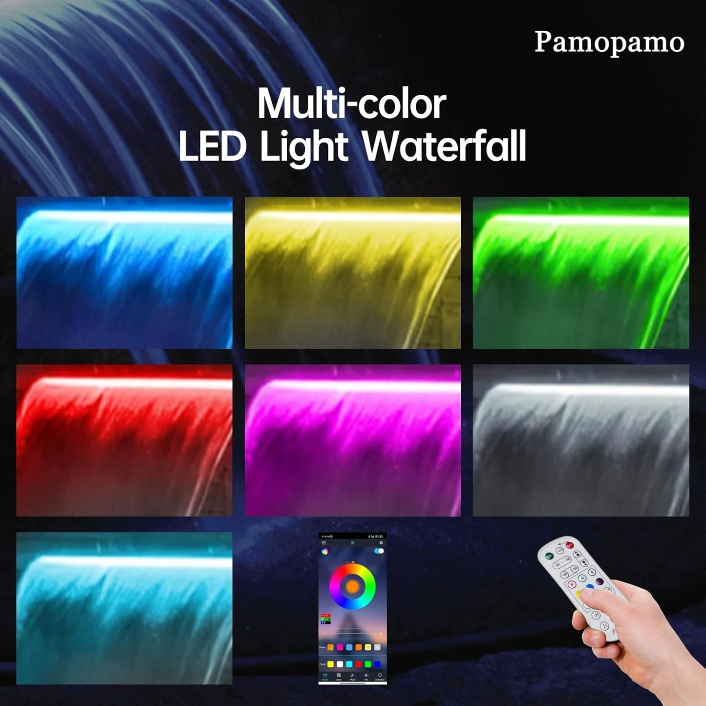 Pond Waterfall Spillway Stainless Steel Pool Fountain, APP Control LED Lighted Waterfalls Kit, Outdoor Water Flow Waterfalls Kit for Garden Patio Koi Pond Decoration-23.6"x7.8"x3.9"