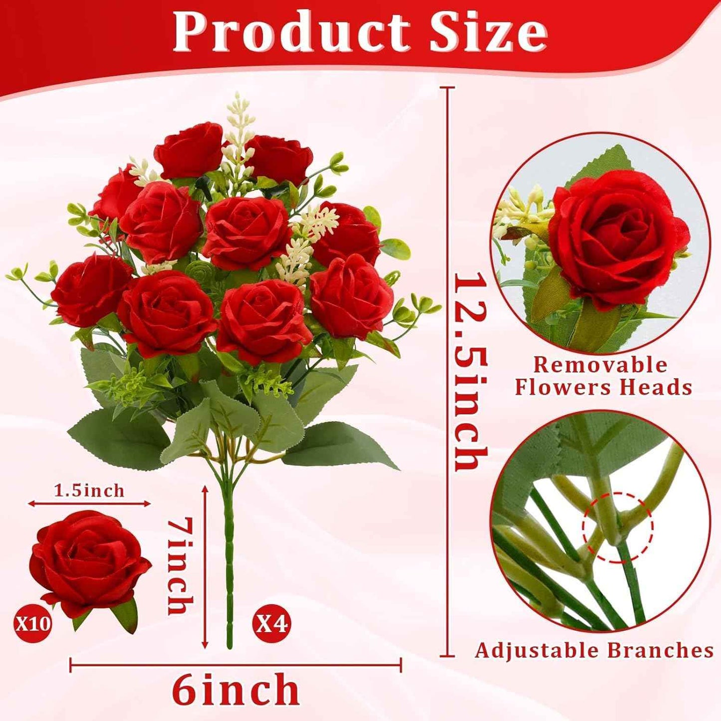 TURNMEON 40 Heads Fake Roses Artificial Flowers for Outdoors Summer Decor, 4 Bouquets UV Resistant Fake Flower Bouquet Faux Silk Roses for Wedding Birthday Party Home Indoor Cemetery Decor(Red)