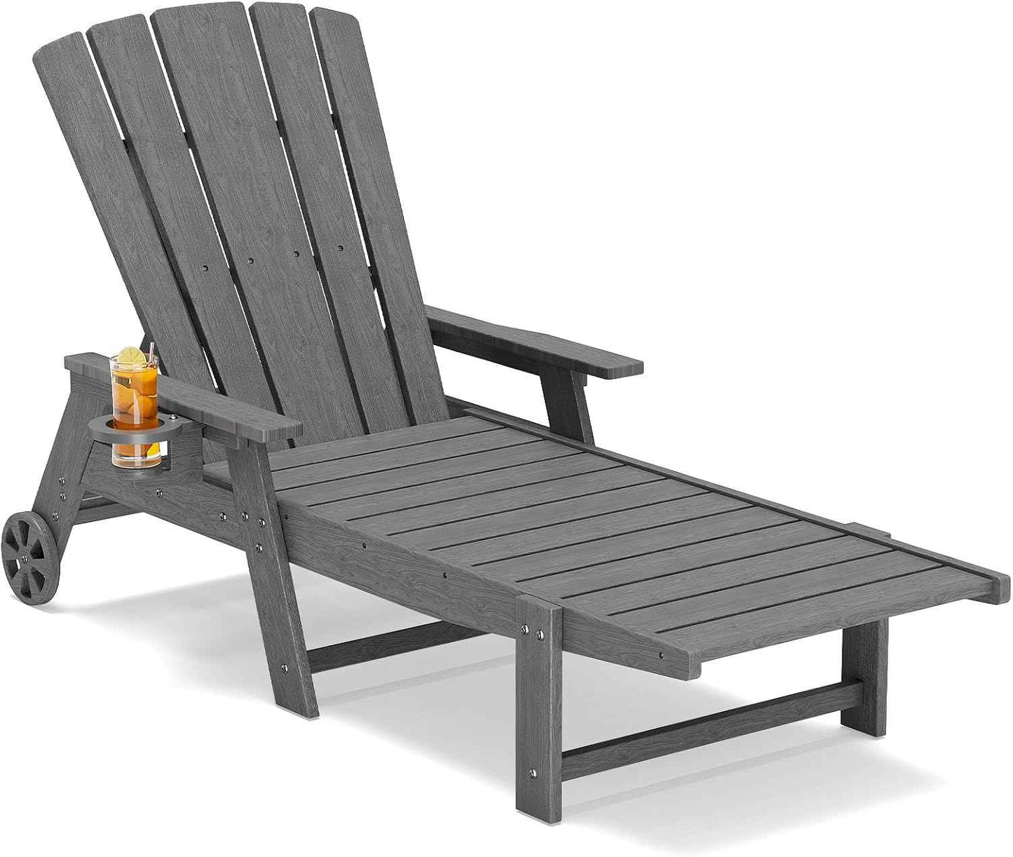Outdoor Lounge Chair,HDPE 4-Position Adjustable Chaise Lounge Outdoor with Rolling Wheels & Cup Holder,All-Weather Heavy-Duty Pool Lounge Chairs for Poolside,Patio,Grey