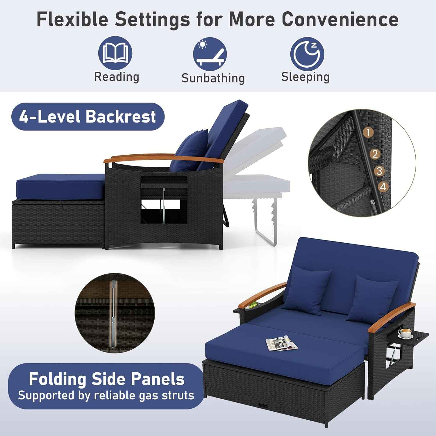 Moccha Outdoor Wicker Daybed, Patio Rattan Loveseat Sofa w/ 4-Level Adjustable Backrest, Folding Panels, Storage Ottoman & Cushions, Lounge Furniture Set for Poolside Backyard Porch (Navy & Black)