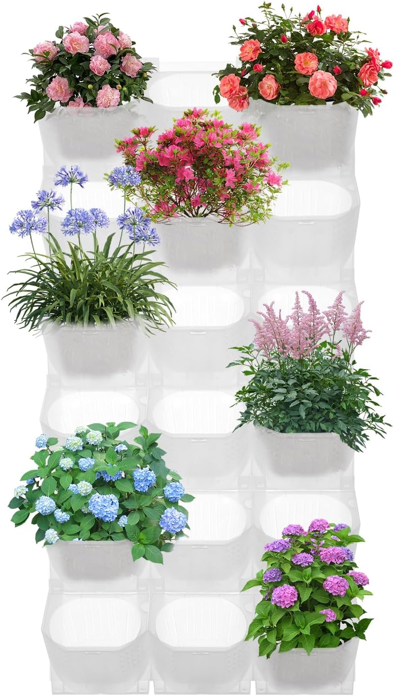 Vertical Wall Planter, Stackable Wall-Mounted Planter Indoor Outdoor w/36 Plastic Pots Living Wall Garden w/36 Non-Woven Fabrics Vegetable Hanging Pocket Holder Flowerpot (White)