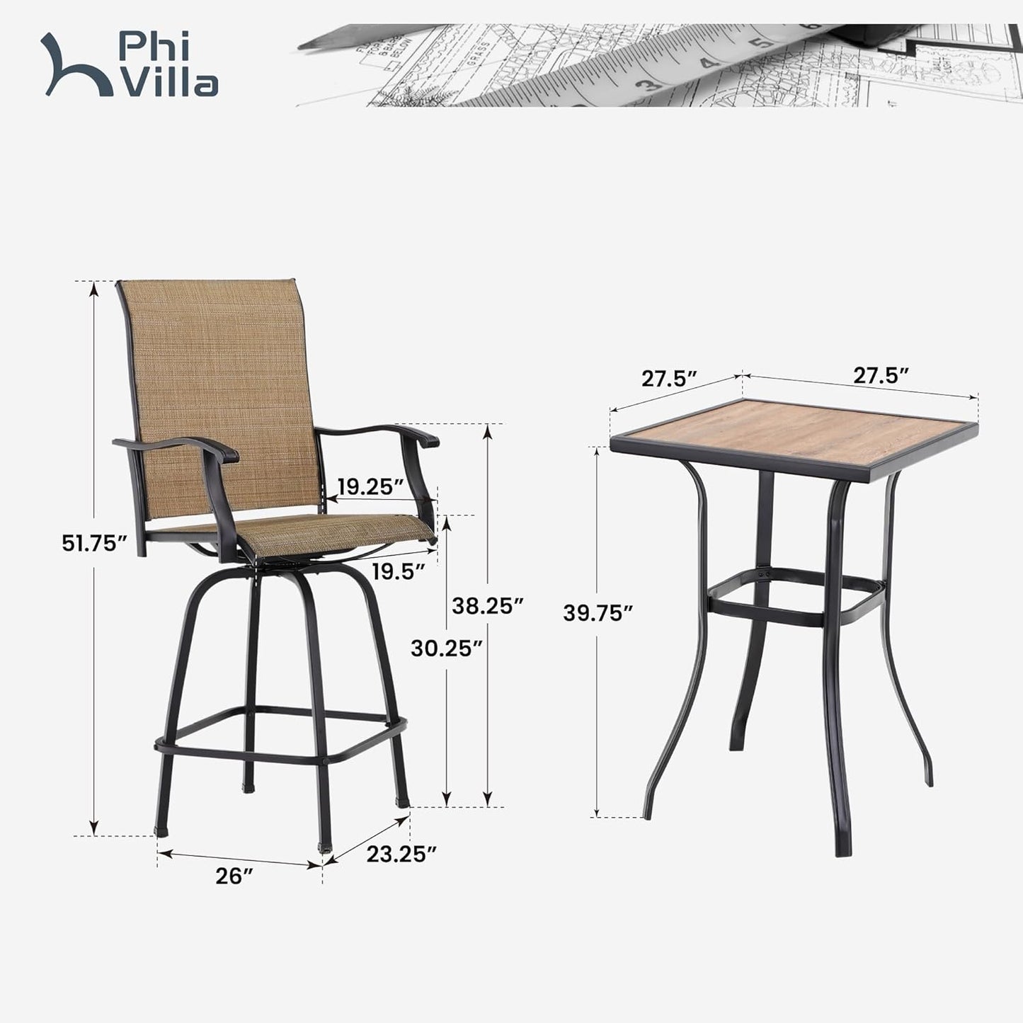 PHI VILLA 5 Piece Outdoor Bar Set with Swivel Patio Bar Stools, Patio Bar Bistro Table and Chairs with Brown Textilene Fabric & Square Bar Table for Deck, Balcony and Garden