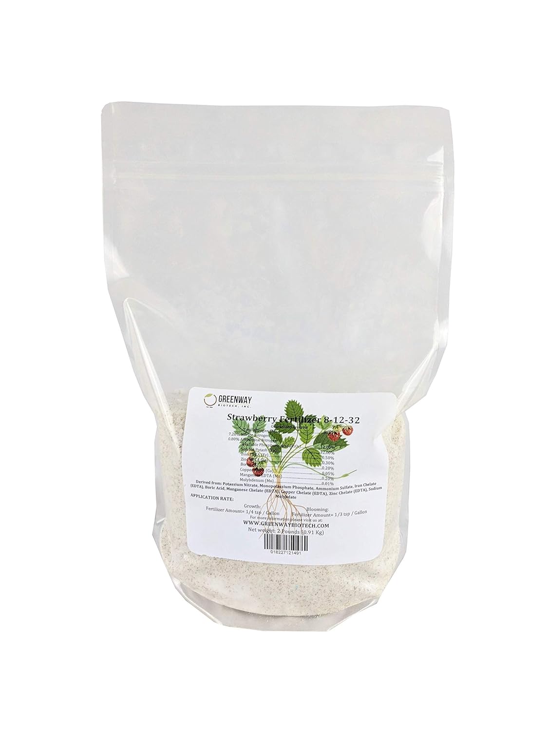Greenway Biotech Strawberry 8-12-32 Fertilizer Powder 100% Water Soluble Plus Trace Minerals- Includes Essential Chelated Micronutrients for Tasty Fruits (2 Pounds 400 Gallons)