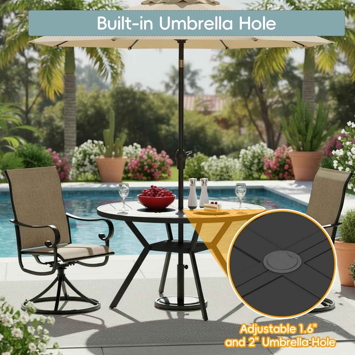 47" Outdoor Patio Table Dining Table, All Weather Metal Round Patio Table with Adjustable Umbrella Hole, Patio Furniture for Lawn Garden Backyard, Black
