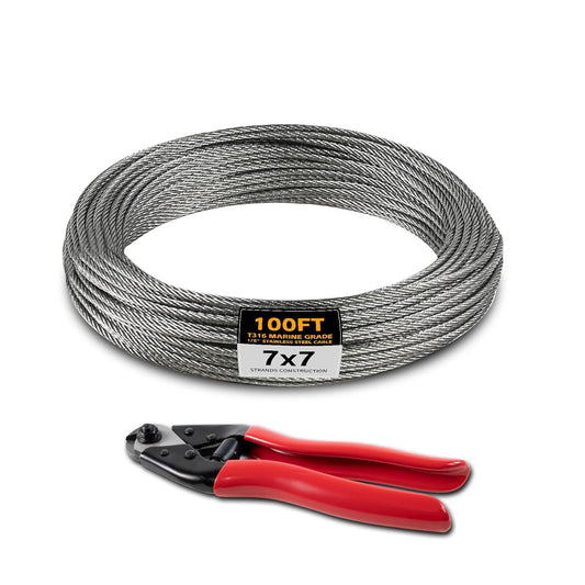 100F 1/8" Stainless Steel Cable,Wire Rope with Cutter 7x7 Strands,1800 lb Breaking Strength, T316 Aircraft Cable for Deck Railing, Stair, Fence, Silver
