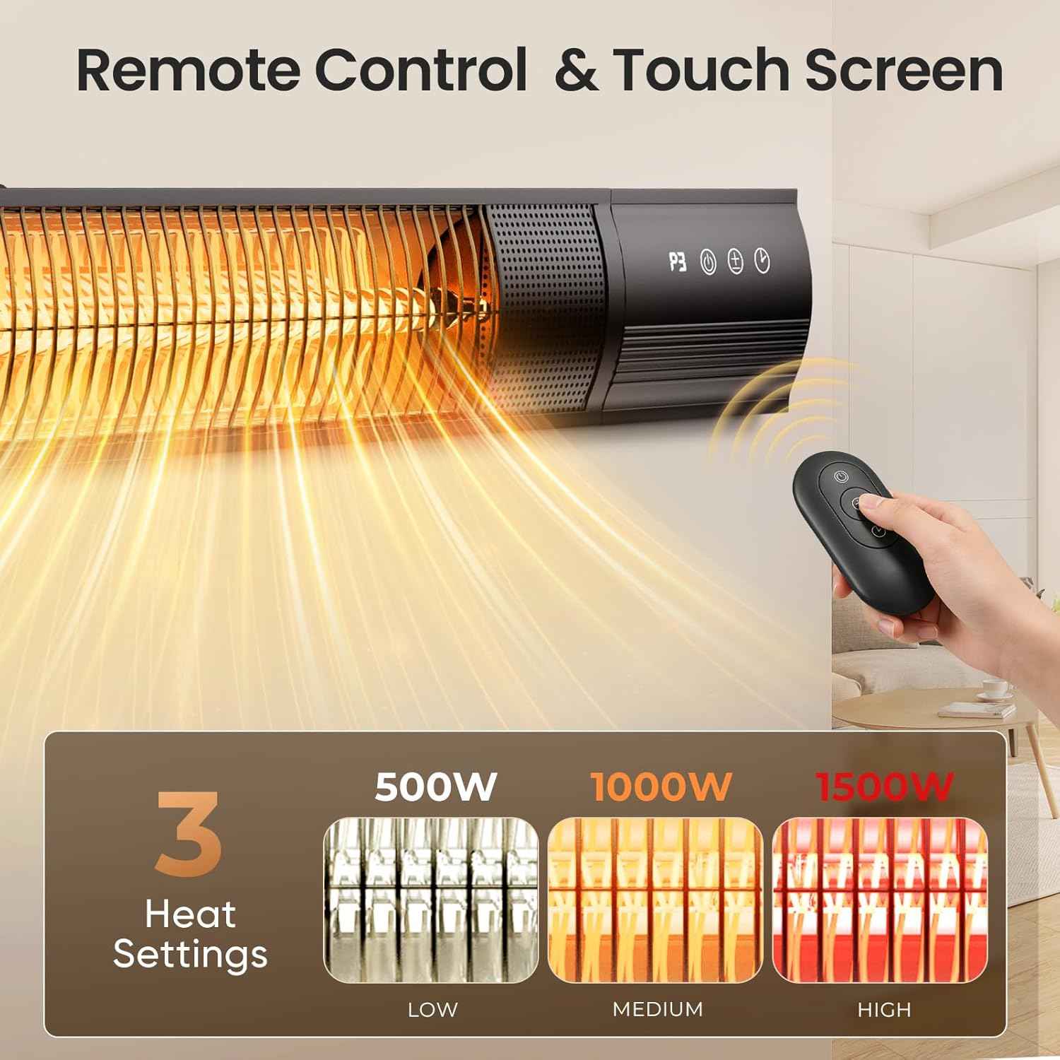 YESERLl Electric Patio Heater with Remote Control- 1500w Outdoor Heater Fast Heating with 3 Power Setting, WallMounted Carbon Infrared Heater Quiet - IP65 Waterproof and 24H Timer for Snow Outdoor
