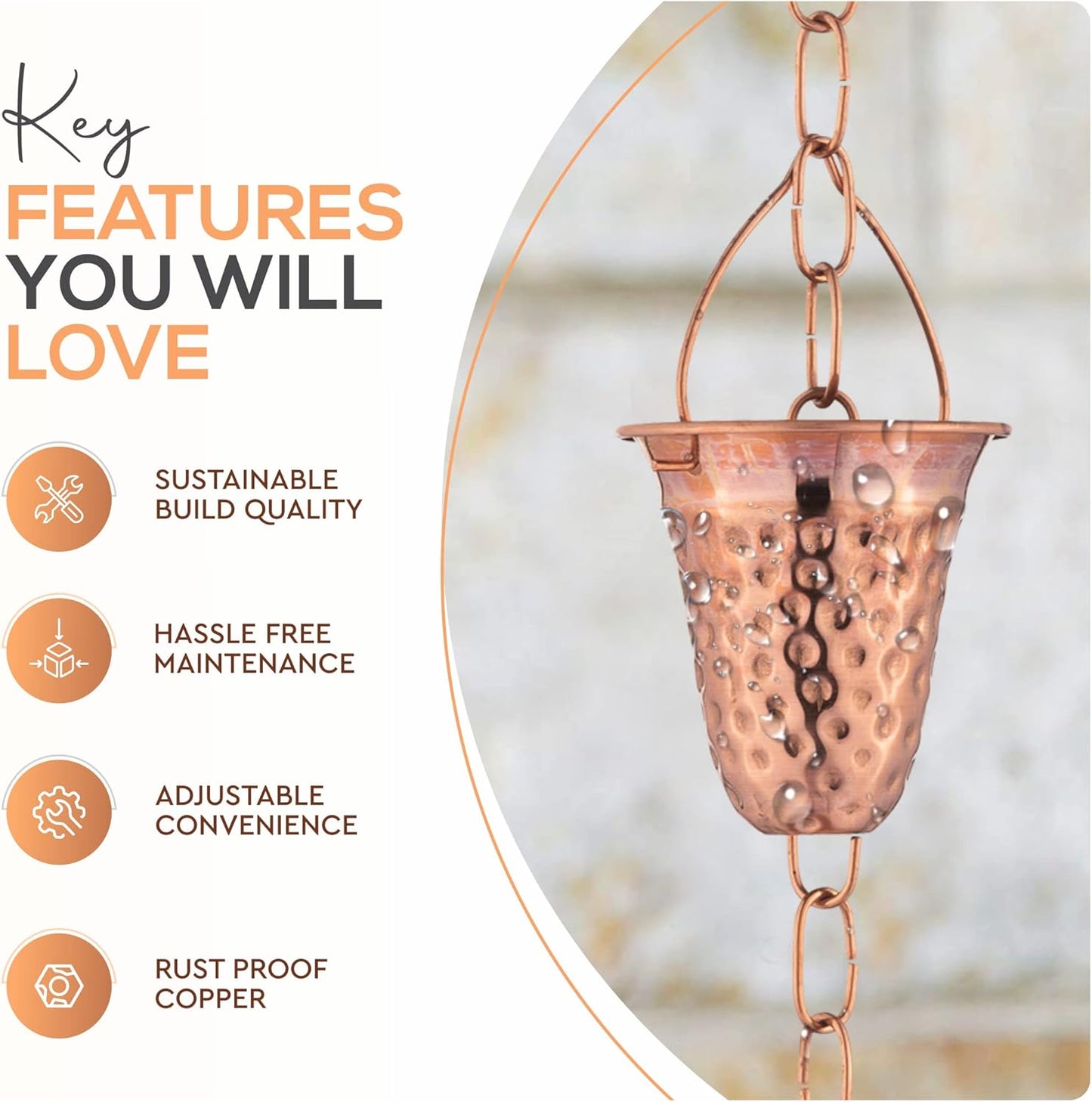 Copper Hammered Rain Chain – Decorative Chimes & Cups Replace Gutter Downspout & Divert Water Away from Home for Stunning Fountain Display – 8.5’ Long for Universal Fit – Bell Style