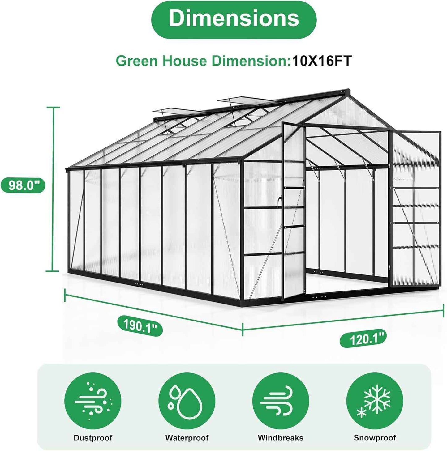 WKM 10x16 FT Greenhouse for Outdoors, Walk-in Polycarbonate Greenhouse with Roof Vent and Quick Setup Structure, Heavy Duty Green House for Outside Garden Backyard, Black