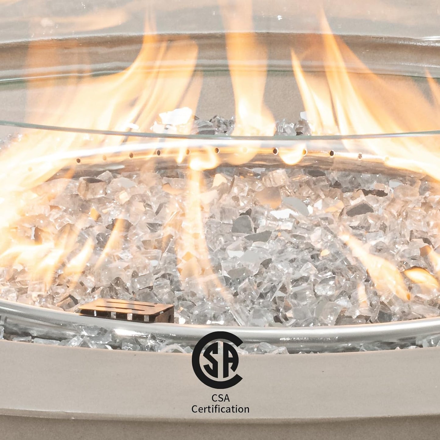 COSIEST Outdoor Propane Fire Pit Coffee Table w Gray 42 inch Round Base Patio Heater, CSA Certified, 50,000 BTU Stainless Steel Burner, Wind Guard, Transparent Gray Fire Glass, Rain Cover