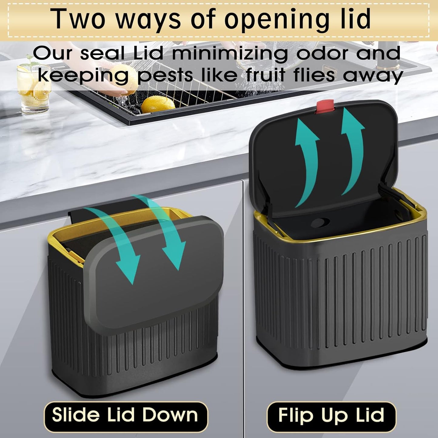 GloDeals Kitchen Trash Can for Counter Top or Under Sink, 1.05 Gallon Stainless Steel Small Compost Bin, Wall Mount Compost bin with Lid for Kitchen, Cabinet Trash Can Hanging (Black)