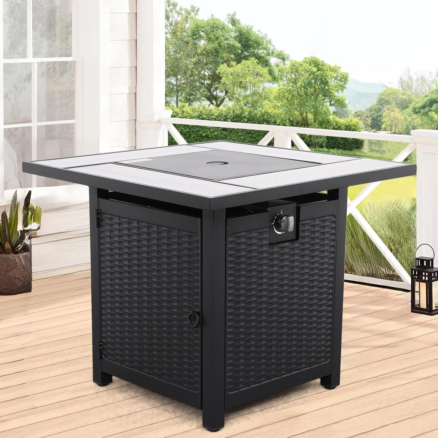 30 Inch Fire Tables 50000 BTU Outdoor Fire Pits for Outside Steel Gas Fire Table with Fire Pit Lid Wooden Marble Tabletop and Waterproof Cover