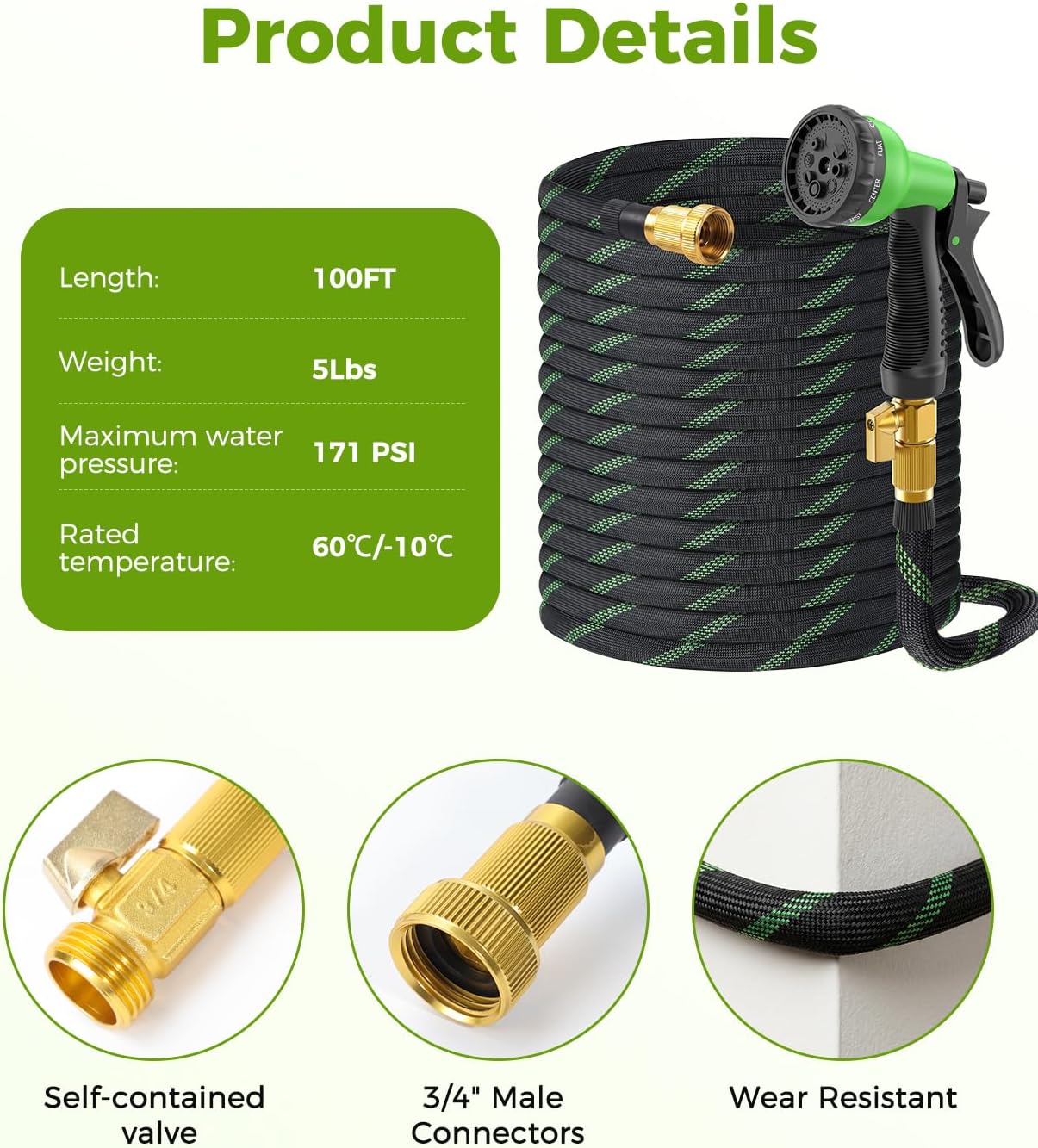 100ft Garden Hose, Non-Expandable Water Hose with 8 Function Spray Nozzle, Lightweight, Knik-Free, Burst-Resistant, Durable & Flexible 3/4" Garden Hose for Lawn, House Cleaning, Car Washing