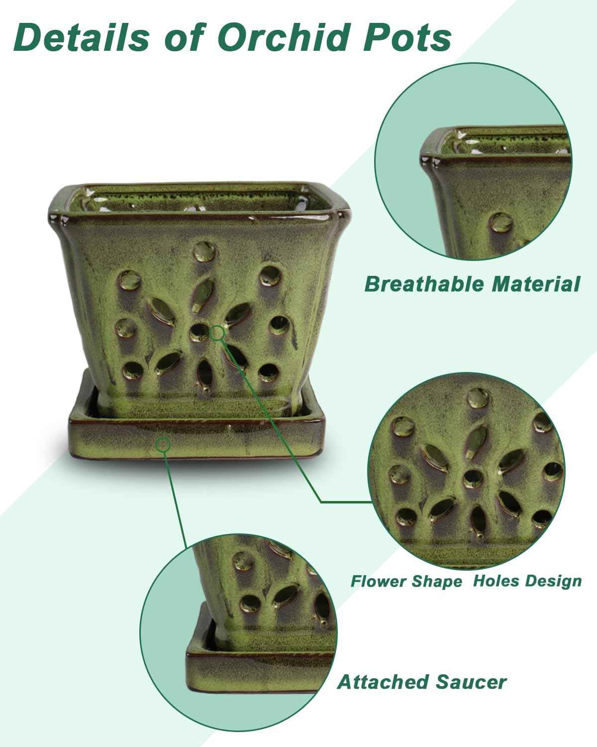 vensovo 5.5 Inch Orchid Pot with Holes Rectangular for Repotting, Ceramic Orchid Planter Indoor/Outdoor Use with Enhanced Airflow & Drainage, Green