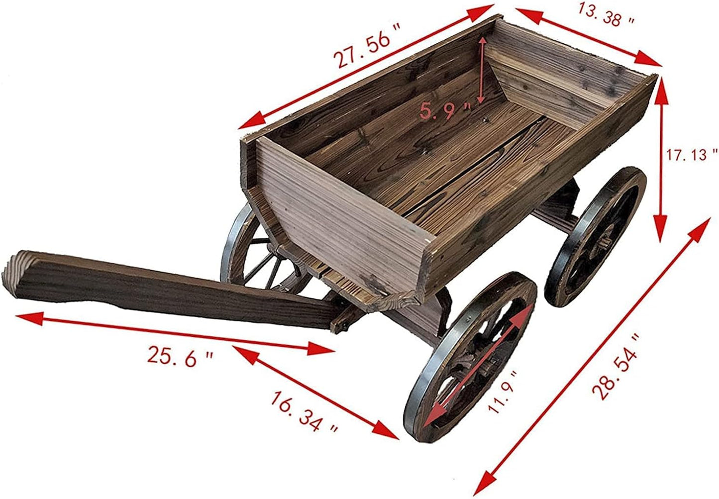 Wood Wagon Planter for Outdoor Balcony Decor - Garden Rustic Wooden Flower Cart with Wheels for Outside - Decorative Indoor - Wheelbarrow Planter for Patio -Reinforced Wheel